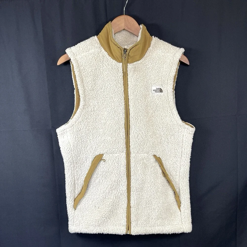 The North Face Mens Sherpa Fleece Vest Size Small Cream Tan Full Zip High Pile